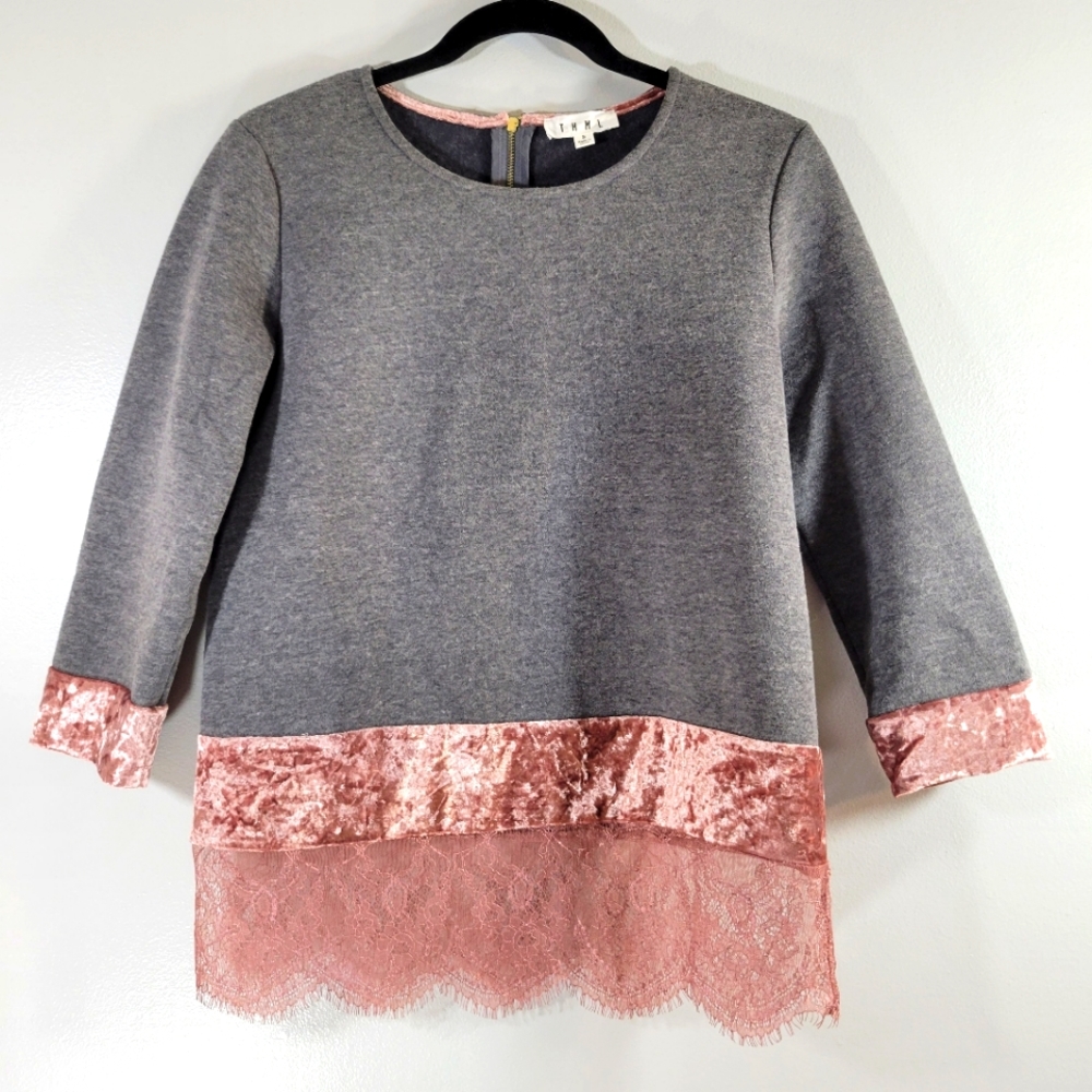 THML grey knit crushed velvet lace trim bracelet sleeve sweatshirt casual top